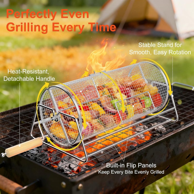JOYJULY Rotatable Rolling Grill Baskets, 304 Stainless Steel, Even Cooking Nesting Grilling Net, BBQ Accessories Tools for Vegetables Shrimp, Outdoor Camping, Gifts for Birthday/Men/Dad/Husband - Image 5